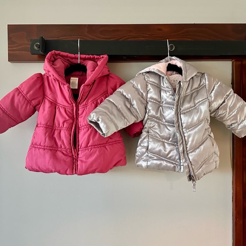 Gymboree + HealthTex Toddler Puffer Jackets Bundle | 9–12M | Pink & Silver